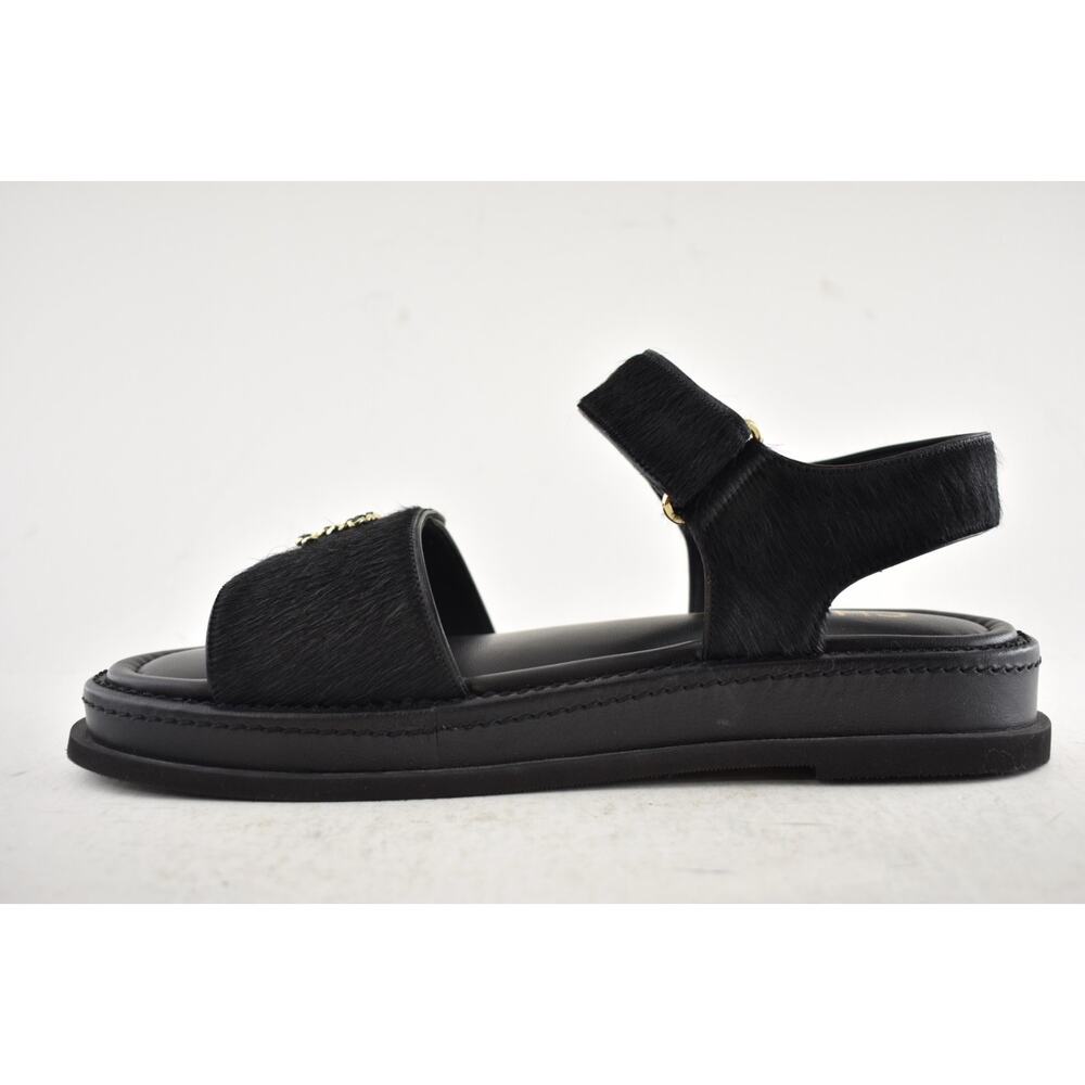 Chanel 24B Black Calf Hair Gold CC Logo Mule Slide Strap Flat Teva Dad Sandal 41 - Picture 13 of 16